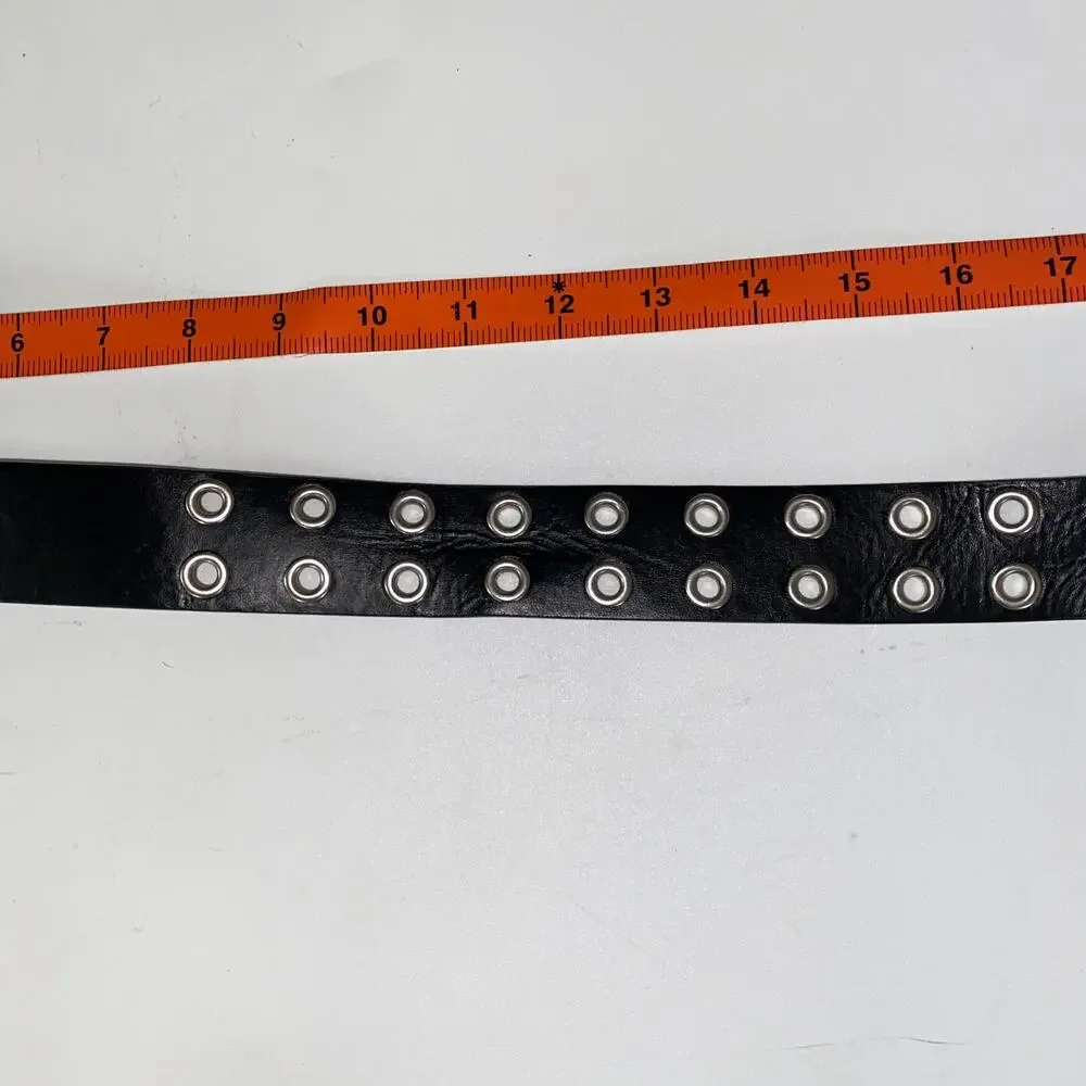 Black Faux Leather Double Prong Belt Silver-Tone Hardware Women's